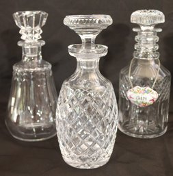 Lot Of 3 Antique Cut Crystal Decanter Us One With Porcelain Gin Label Made In France