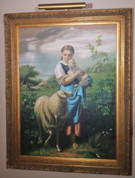The Shepherdess Reproduction Painting Signed By Wilson Of A Young Woman With Baby Lamb Approx 45 X 58 Inches
