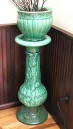 Vintage With Rich Green Jardiniere Planter & Pedestal With Cherub Details  And A Crackle Finish