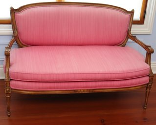 French Louis XVI Style Settee With Light Wood Frame, And Seat Cushion.