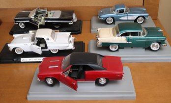 Lot Of 5 Collectable Road Signature Die Cast Model Cars On Stands With Thunderbird, Corvette, Impala