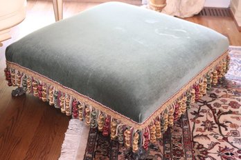 Custom Green Toned Velvet Ottoman On Vintage Brass Paw With Hanging Tassel Accents