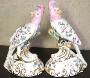Pair Of Vintage Porcelain Cockatiels With Pink Heads & Flowers