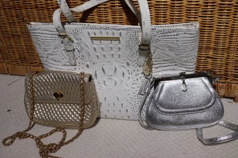 Silvered White Faux Crocodile Tote Bag By Brahmin, Bally Gold Quilted Evening Bag And Silver Evening Bag.