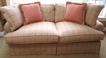Linen Loveseat With Rolled Arms & Checked Pattern Fabric With Accent Pillows