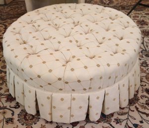 Stylish Ethan Allen Home Interiors Tufted Linen Ottoman Highlighted With Stitched Floral Design And Skirt