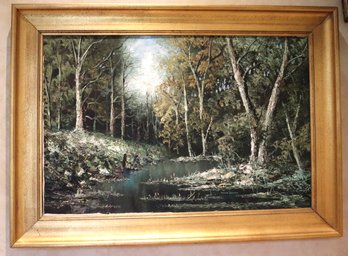 Vintage Midcentury Era Textured Painting Of Forest Stream & Trees Signed By Artist