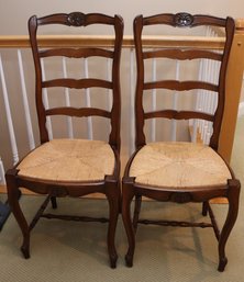 Pair Of Ladder-back Chairs With Rush Seats & Shell Carving