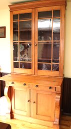 Antique Pegged Wood China Cabinet With Flip Down Top & Plate Racks Vintage Glass As Pictured