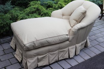 Romantic And Luxurious Down Filled Chaise With Tufted Back & Skirt In Quality Tan Fabric