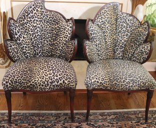 Pair Of Vintage Stylish Hollywood Regency Style Accent Chairs With Foliage Design, Fleece Like Leopard Fabric