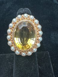 14K YG LARGE FACETED CITRINE RING WITH SEED PEARL GARNISHMENT - SIZE 5.75