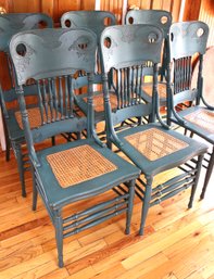 Set Of 6 Painted Blue Wood Chairs With Cane Seating. The Seat Of One Chair Needs Repair On The Caning