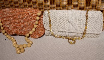 Two Fun Vintage Knitted Bags With Mother Of Pearl Chain And Large Beads.