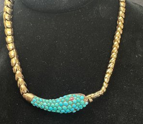 14K YG VERY UNIQUE 16 INCH SERPENT NECKLACE WITH TURQUOISE BEADED HEAD AND RUBY EYES - SIGNED