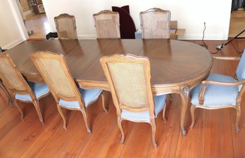 Vintage French Provincial Walnut Dining Table, And 8 French Provincial Tall, Caned Back Chairs.