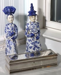 Vintage Blue And White Chinese Emperor And Empress Figurines Includes Wilcox Silver Plate Trinket Box