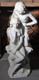 Large White Bisque Porcelain Figural Statue Of Young Lovers, 27Tall