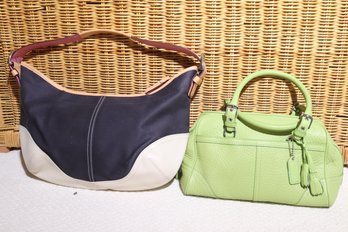 Two Vintage Coach Pocketbooks, With Lime, Green And Fabric/leather Handbag