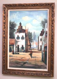 European Cityscape Painting Signed By The Artist Moret In A Carved Wood Frame