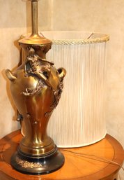 Tall French Style Brass Lamp With Fairy & Floral Accent On Wood Base