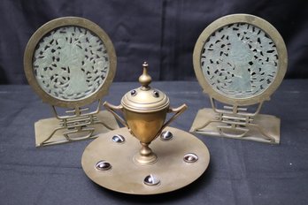 Renaissance Style Brass Inkwell With Agate Stones And Pair Of Jade Height Bookends.