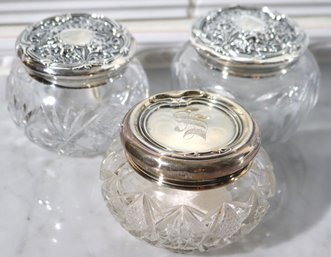 3 Vintage Powder Jars With Sterling Lids, Includes A Matching Set And One With A Monogram