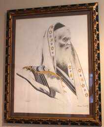 Signed Lithograph Of Rabbi With Prayer Shawl Framed