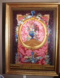 Large Gold Framed Painting On Board With French Themed Flowers.