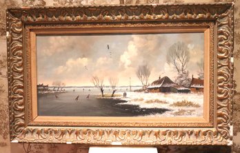 Antique Oil Painting Of Ice Skaters On Frozen Lake Signed J. Schuiermann La