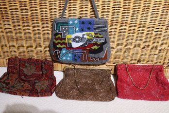 A Lot Of Four Vintage Beaded Bags, Two With Designs, 1 With Tiny Red Beads 1 With Gold  Beads