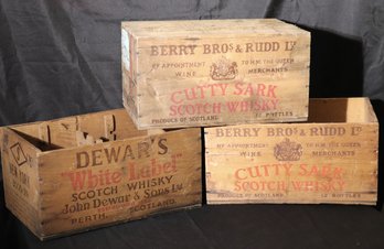 Two Vintage Cutty Sark Scotch Whisky Wooden Crates, And One Dewars White Label Crate.