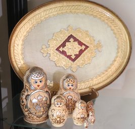 Engraved Wood Nesting Doll Set Approx 7 Pieces And Decorative Wood Tray With Embossed Seal In A Gilded Finish