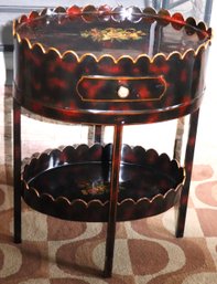 Maitland Smith Lacquered Tole Metal Table With Hand Painted Flowers, Shelf & Drawer.