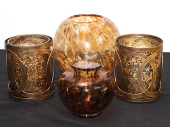 Pretty Amber Toned Blown Art Glass Vases With A Swirl Design, Includes Decorative Candle Holders
