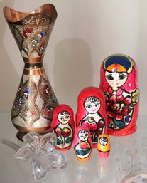 Hand Painted/Engraved Copper Vase W Floral Accents And Hand Painted 5 Piece Nesting Doll Set, Includes Blown G