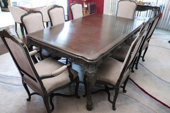 Dark Taupe French Style Dining Table With 2 Extension Leaves, Pads And 8 Chairs In Grey Suede Fabric.