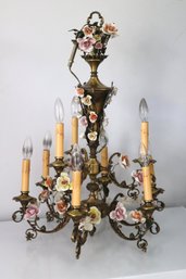 Romantic French Style 9 Light Chandelier With Brass Arms & Porcelain Flowers