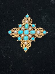 14K YG FANCY CROSS BROOCH PIN DECORATED WITH TURQUOISE AND SEED PEARLS