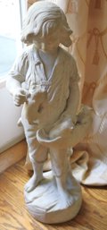 Vintage Cement/plaster Sculpture Of Child With A Basket Of Kittens