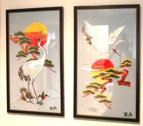 Pair Of Hand Made Silk Needlework Of Japanese Cranes & Juniper Trees Framed
