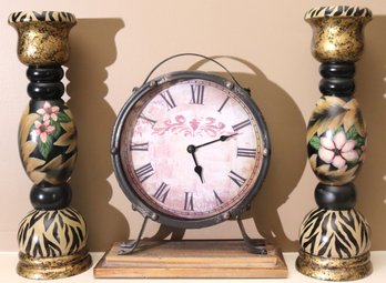 Pair Of Hand Painted Anita Rosenberg Candlesticks And Vintage Style Clock