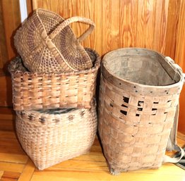 Collection Of Vintage Decorative Woven Baskets As Pictured. Includes Woven Fishing Basket With Straps