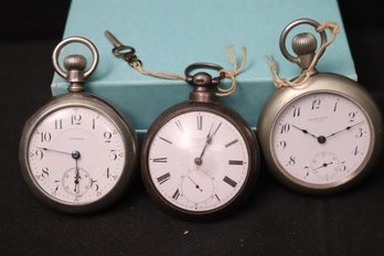 Three Antique Pocket Watches, By Johnson, Liverpool And Appleton, Waltham Mass With Railroad Design.