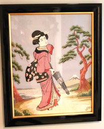 Hand Made Needlework Of Japanese Geisha With Mt. Fuji In The Background
