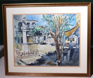 Watercolor Painting Of A Greek Town Plaza With Statue And Restaurants Signed By The  Artist Milton Marks