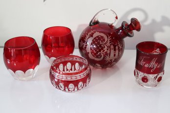 Lot Of Antique Cranberry Glass Pieces With Decanter And Separate Glasses
