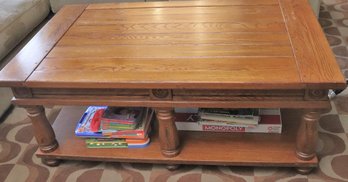 Casual Style Wood Plank Top Coffee Table With Shelf And Columns