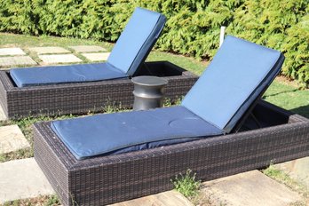 Two Fortunoff Outdoor Woven Wicker Lounge Chairs, Blue Seat Cushions & Ceramic Drum Table.