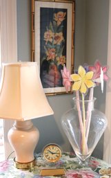 Assorted Decorative Lot With Glass Vase & Hand-Blown Glass Flowers, Needlepoint, Clock & Lamp